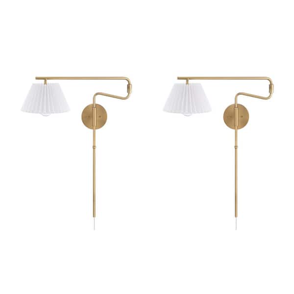 Kai 30 in. W 2-Light Set Vintaged Brass Modern Wall Mounted Plugin Bedside Lamp Wall Sconce with Pleated Shade, Set of 2