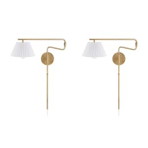 Kai 30 in. W 2-Light Set Vintaged Brass Modern Wall Mounted Plugin Bedside Lamp Wall Sconce with Pleated Shade, Set of 2