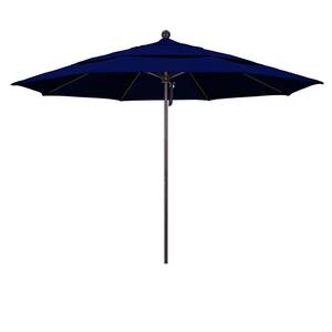 11 ft. Bronze Aluminum Commercial Market Patio Umbrella with Fiberglass Ribs and Pulley Lift in True Blue Sunbrella