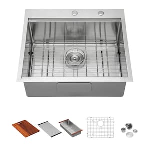 16-Gauge Stainless Steel 25 in. Drop-In Single Bowl Workstation Kitchen Sink with Cutting Board and Strainer