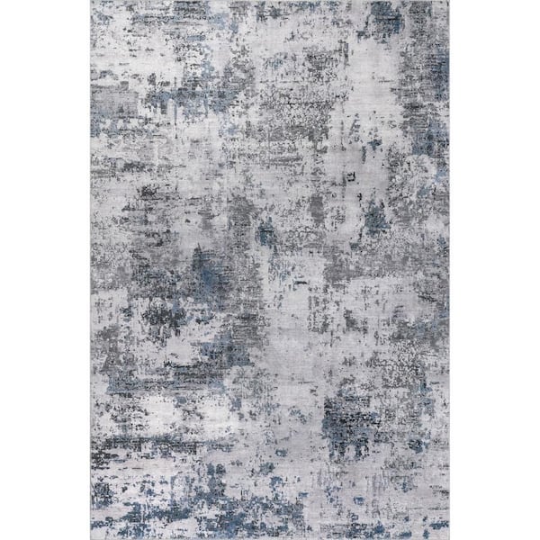 Faded Abstract Spill Proof Washable Blue Grey 9 ft. x 12 ft. Indoor Area Rug