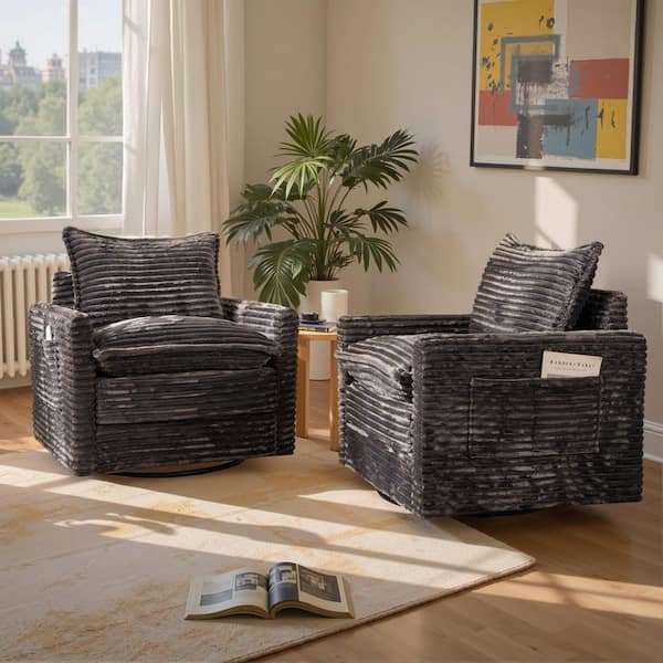 YOYO Gray Plush Corduroy Swivel Accent Chair (Set of 2) with 360° Rotation Modular Sectional Arm Chair