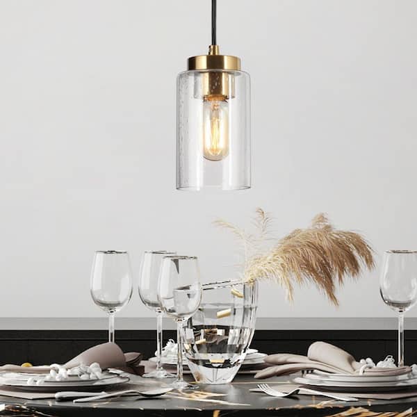 4.7 in. 1-Light Brass Gold Mini Pendant Light, Cylinder Seeded Glass Pendant Hanging Light, Modern Black Light Fixture