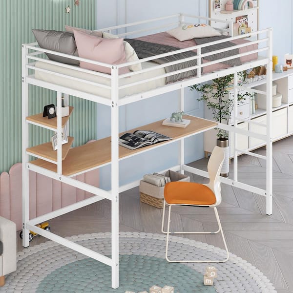 Harper & Bright Designs White Twin Size Metal Loft Bed with Built-in Wood Desk, 2-Shelves