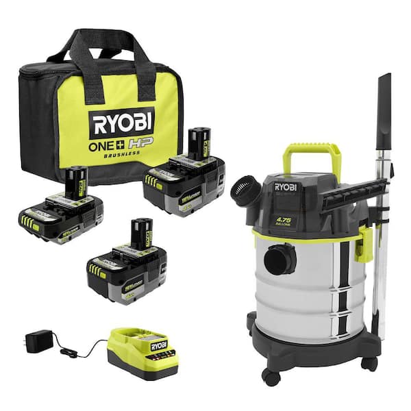 RYOBI ONE+ 18V Lithium-Ion 2.0 Ah, 4.0 Ah, and 6.0 Ah HIGH PERFORMANCE Batteries and Charger Kit w/ Wet/Dry Vac