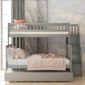 Gray Twin Over Full Kids Bunk Beds with Trundle and Stair, Detachable Wood Bunk Bed with Full-Length Guardrail