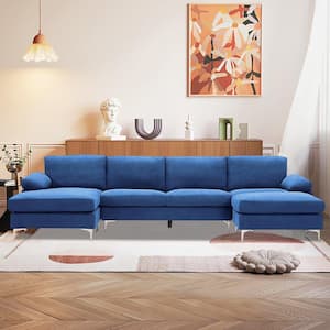 128.3 in. W Round Arm Fabric U Shaped Convertible Sectional Sofa in Blue