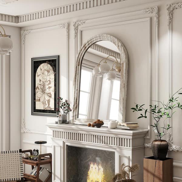 30 in. W x 40 in. H Arched Classic Light Beige Wooden Framed Bathroom Vanity Mirror Wall Mirror