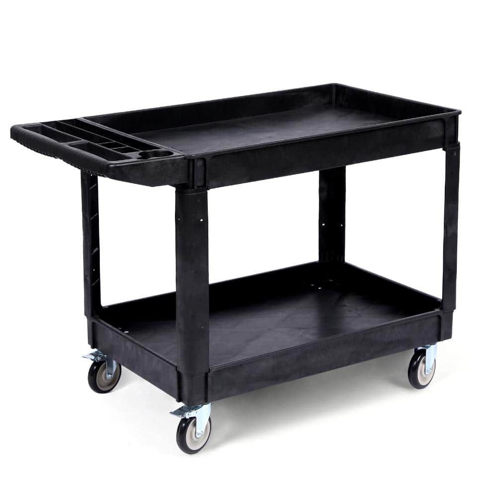 2-Tier Utility Cart on Wheels, 550LBS Capacity Heavy Duty Plastic Service Cart with 360° Swivel Wheels (2 with Brakes)