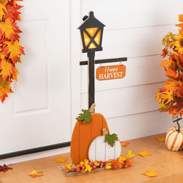 Glitzhome 36 in. H Fall Lighted Wooden Pumpkin Lamp Post Porch