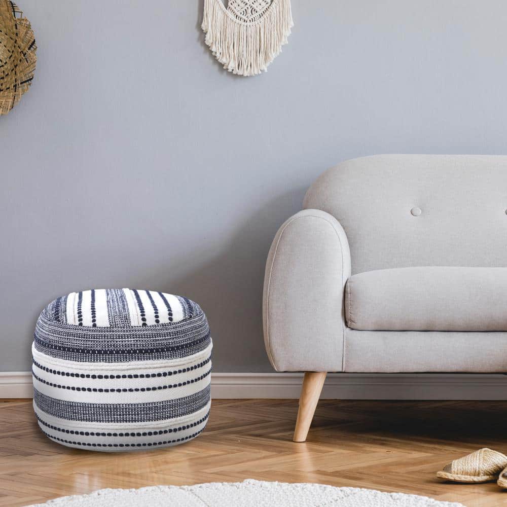 Navy and Ivory Seaside Striped Cotton Pouf Ottoman, 18" x 14"