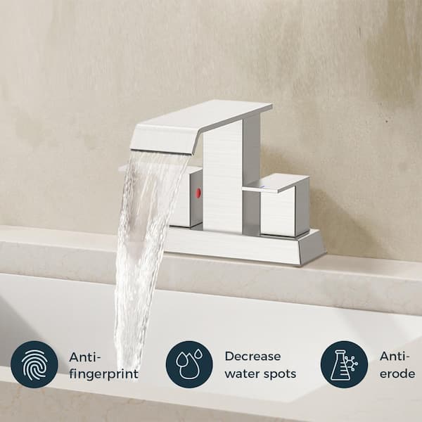 4 in. Centerset Double Handle Low Arc Bathroom Faucet with Pop-up Drain Kit Included in Brushed Nickel