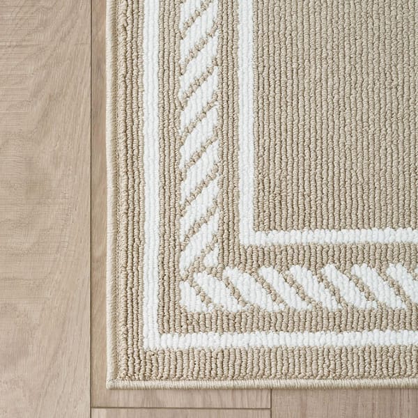 Washable Skid Resistant Beige /White  2.2 ft. x 8 ft. All Loop Tufted Area Rug
