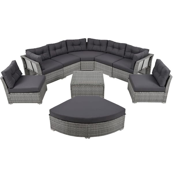 9-piece Gray Wicker Outdoor Sofa Sectional Set with Gray Cushions and Center Table