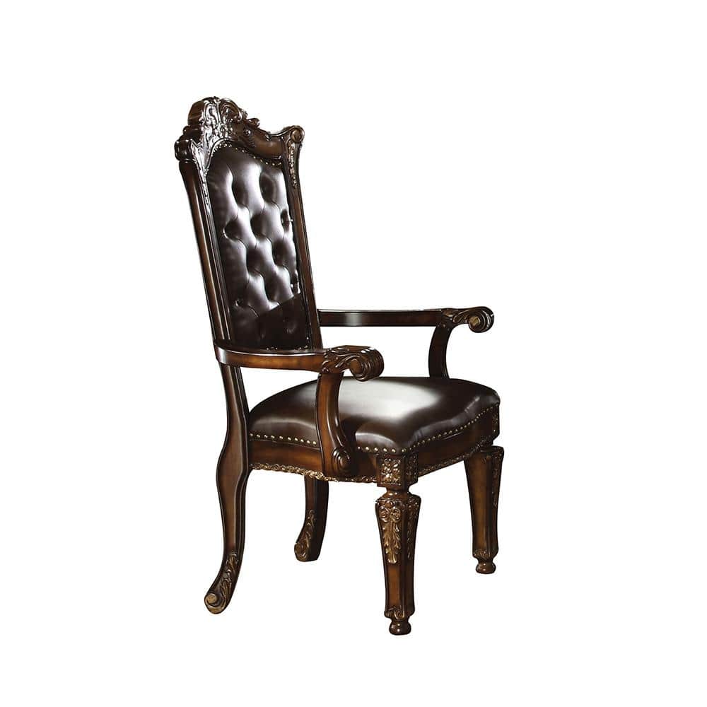 Handcrafted Brown Leather and Wood Floral Accent Chair
