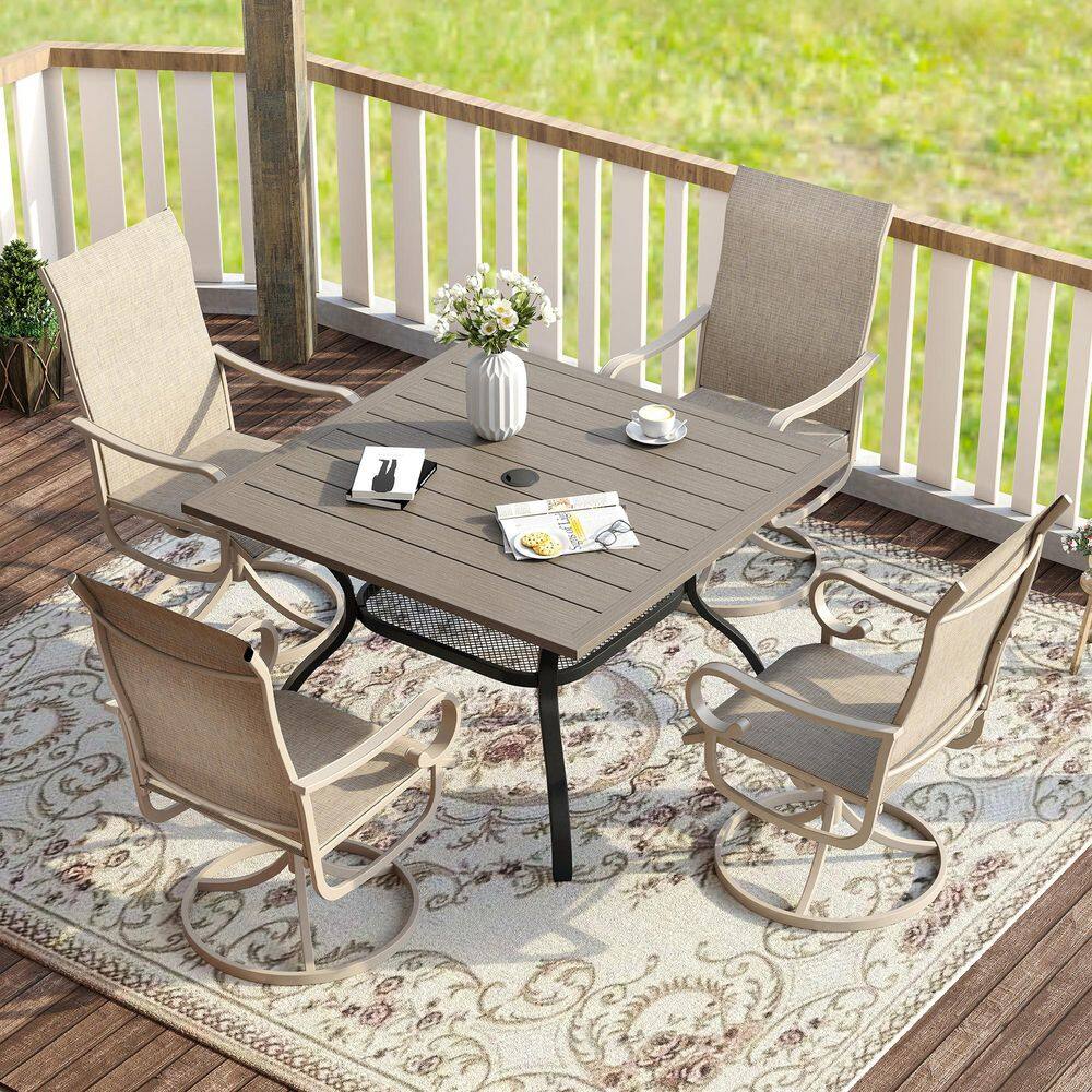 5-Piece Outdoor Patio Dining Set with 37.8 in. Gray Wood-Like Metal Square Table and 4-Sandshell Textilene Swivel Chairs price history on PriceWatchPro