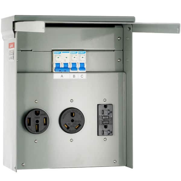 Temporary Power Outlet Panel, 125/250V RV Power Outlet Box with 20/30/50 Amp Receptacles, NEMA 14-50R /TT-30R/15A GFCI
