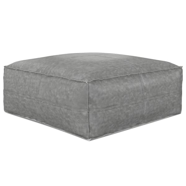 Simpli Home Brody Boho Square Pouf in Distressed Grey Vegan Faux Leather