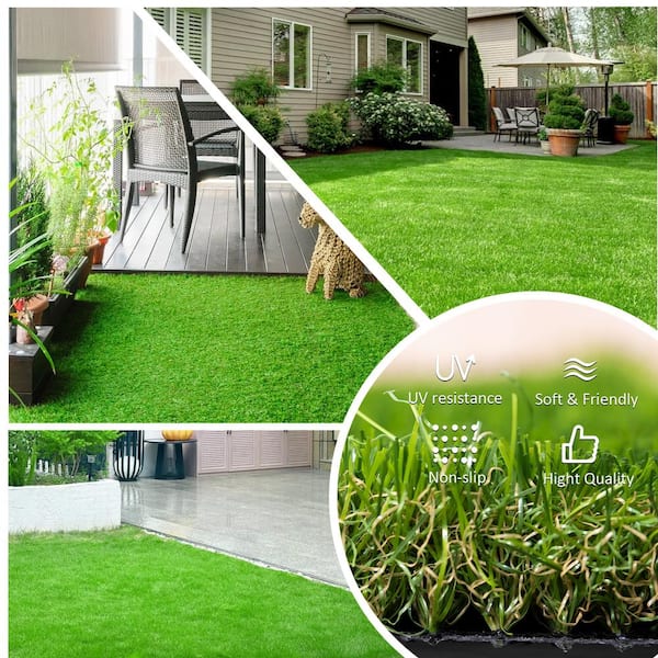 Huluwat 3.3 ft. x 10 ft. Green Artificial Grass Realistic Synthetic Thick Fake Faux Grass Rug with Drainage Holes (3Pack)