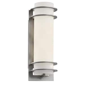 Zephyr 16.25 in. 1-Light Silver Cylinder Outdoor Wall Light Fixture with Frosted Glass