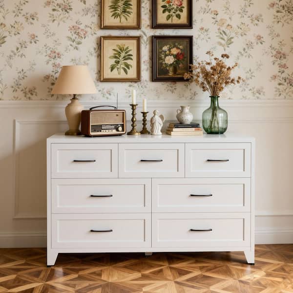 Modern Farmhouse White 7-Drawer 47.3 in. Wide Dresser with Smooth-Gliding Drawers and Horizontal Handles