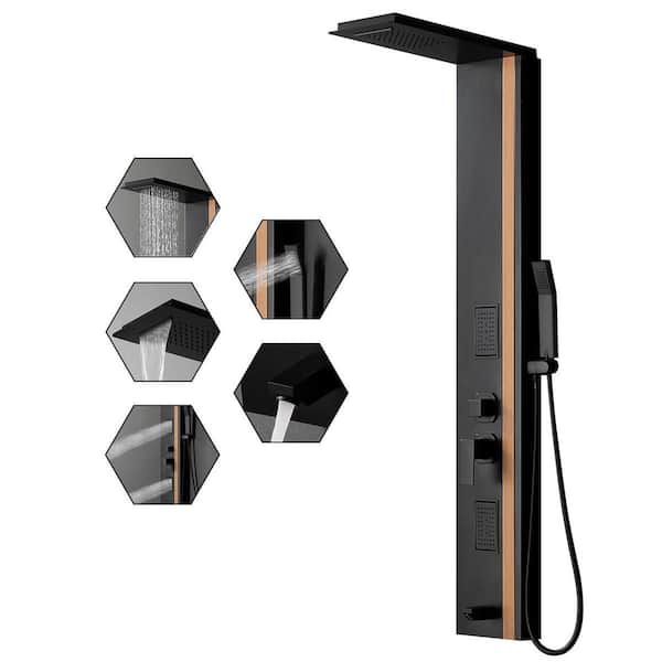 HOMEMYSTIQUE 2-Jet Rainfall Shower Panel System with Rainfall Waterfall Shower Head and Shower Wand in Black Bamboo