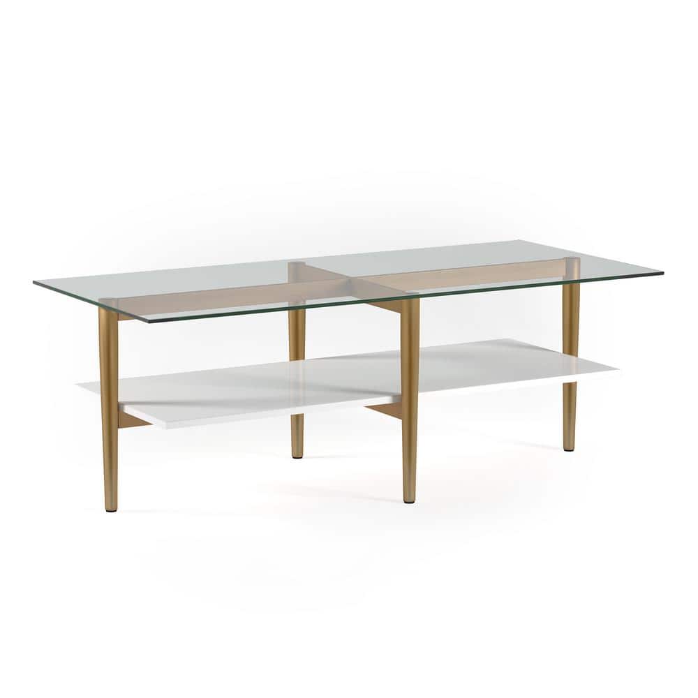 Mid-Century 47" Brass and White Lacquer Coffee Table with Glass Top