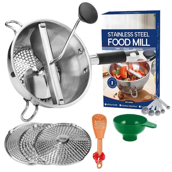 Stainless Steel Rotary Food Mill with 3 Milling Discs, Silicone Handle, Multifunctional Spoon, Dishwasher Safe, Orange