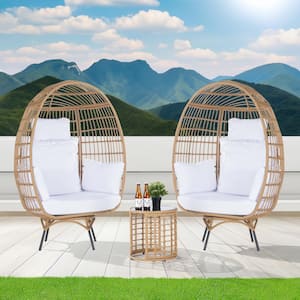 3-Piece Patio Wicker Swivel Outdoor Bistro Set with Side Table, Oversized Egg Chair with White Cushions