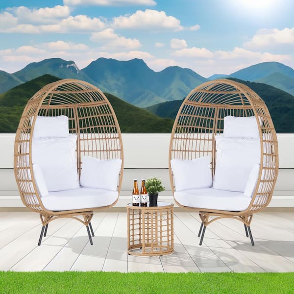 SANSTAR 3-Piece Patio Wicker Swivel Outdoor Bistro Set with Side Table, Oversized Egg Chair with White Cushions