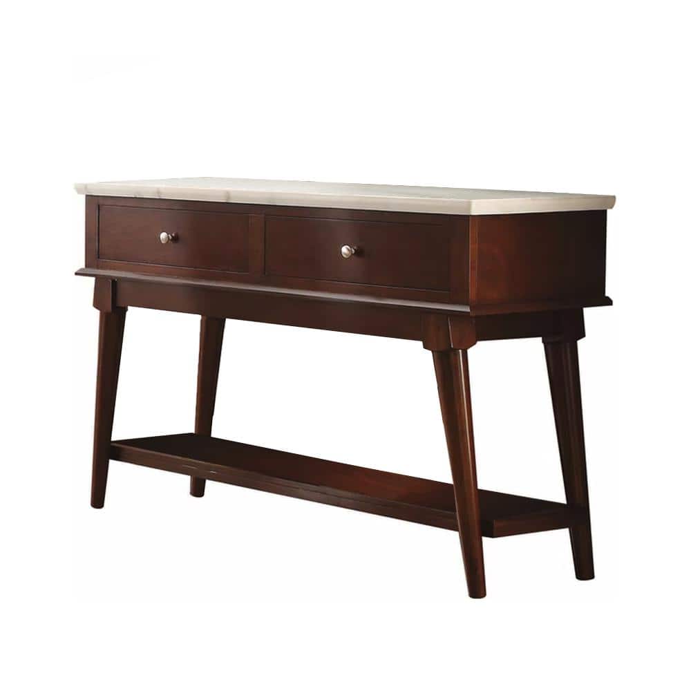 White Marble and Walnut 2-Drawer Server with Bottom Shelf
