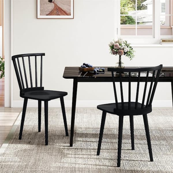 Black Rubber Wood Windsor Dining Chairs with Spindle Back for Living Room Set of 2