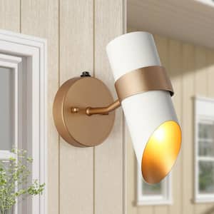 Modern 1-Light White Dusk to Dawn Outdoor Hardwired Wall Lantern Sconce with Gold Accents and No Bulbs Included