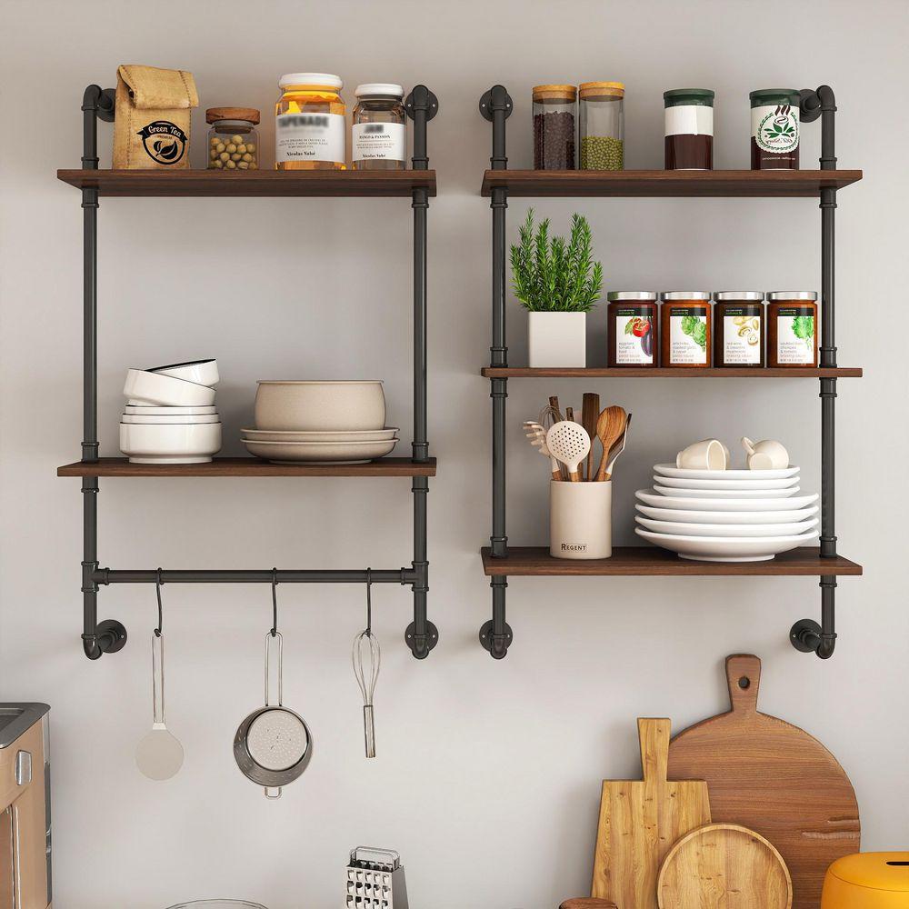 2 Pieces Kitchen Pantry, 3 Tier and 2 Tier Wall Mounted Shelves, Wood Display Shelves with 3 Additional Hooks-Walnut
