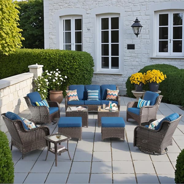 OVIOS Joyoung Brown 10-Piece Wicker Swivel Outdoor Patio Conversation Seating Set with Navy Blue Cushions