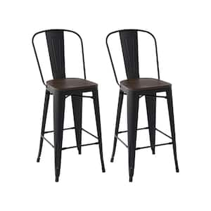 Thocar 29 in. Kitchen Counter Height Black Metal Bar Stools with Wooden Seats and Backrest, Indoor Outdoor Set of 2