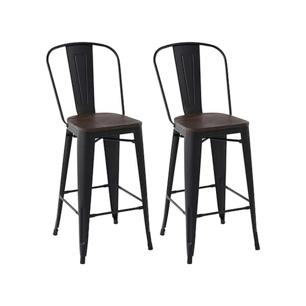 Homy Casa Thocar 29 in. Kitchen Counter Height Black Metal Bar Stools with Wooden Seats and Backrest, Indoor Outdoor Set of 2