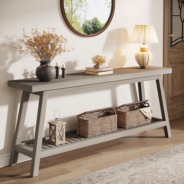 BYBLIGHT Turrella 70.86 in. Gray Rectangle Wood Console Table with 2-Tier Storage for Living Room