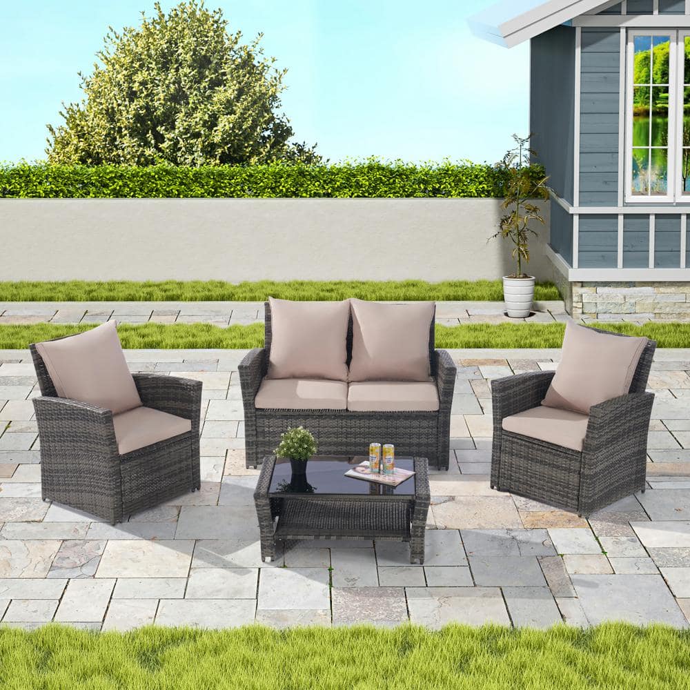 4-Pieces Wicker Outdoor Patio Furniture Sectional Set, with