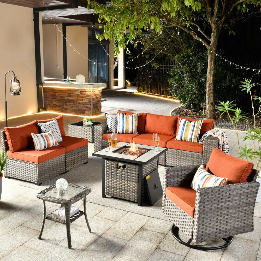 HOOOWOOO Tahoe Grey 9-Piece Wicker Patio Fire Pit Conversation Sofa Set ...