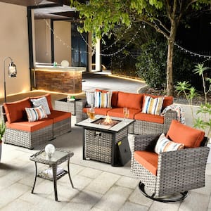 Tahoe Grey 9-Piece Wicker Patio Fire Pit Conversation Sofa Set with a Swivel Rocking Chair and Orange Red Cushions