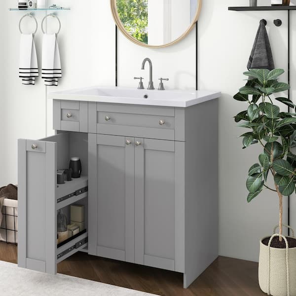 30.00 in. W x 18.00 in. D x 34.00 in . H Wood Frame Bath Vanity in Gray with Ceramic Top and Storage Cabinet