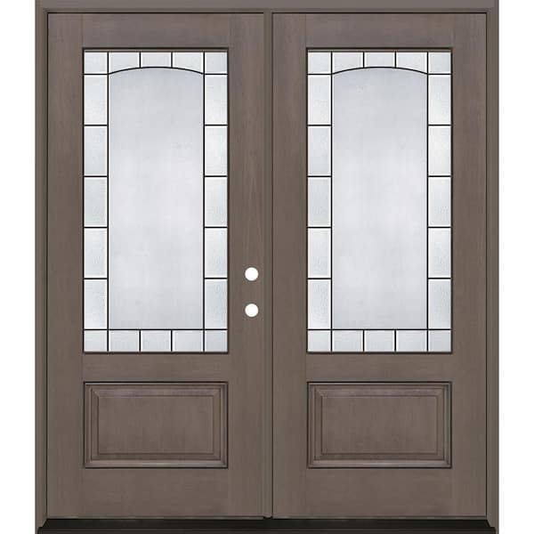 Regency 72 in. x 80 in. 3/4L Empire Decorative Glass LHIS Ashwood Fiberglass Double Prehung Front Door with 4-9/16 Jamb