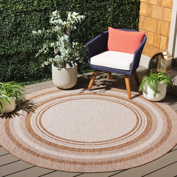 Beach House Beige/Brown 7 ft. x 7 ft. Concentric Border Indoor/Outdoor Round Area Rug