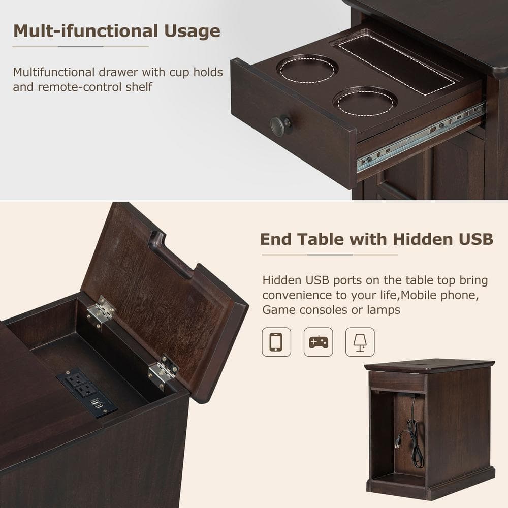 14 in. Antique Brown Rectangle Solid Wood End Table Side Table with USB Ports, Drawer, Cup Holders, No Assembly Need - thumbnail 9