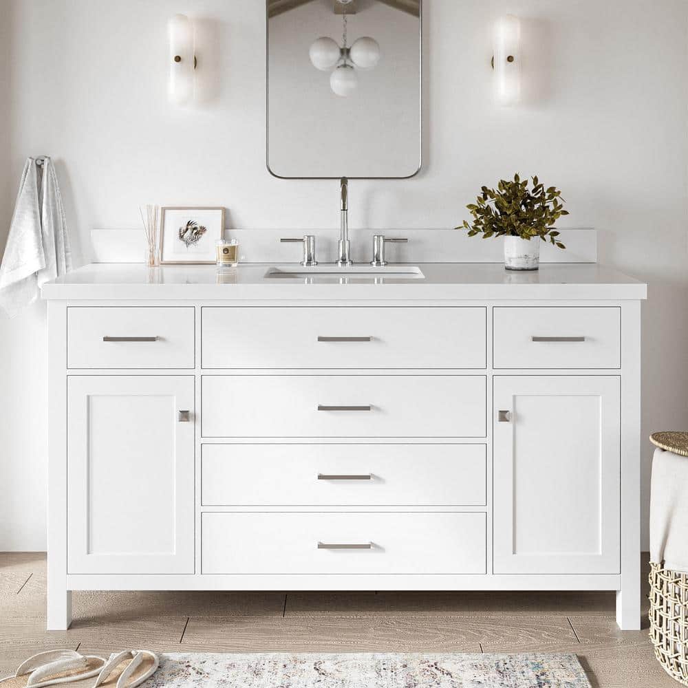 Bristol 61" White Solid Wood Freestanding Vanity with Quartz Top