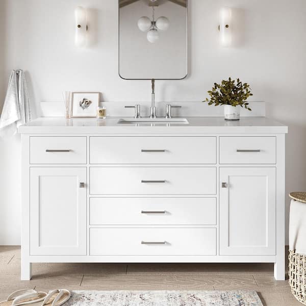 ARIEL Bristol 61 in. W x 22 in. D x 36 in. H Freestanding Bath Vanity in White with Pure White Quartz Top