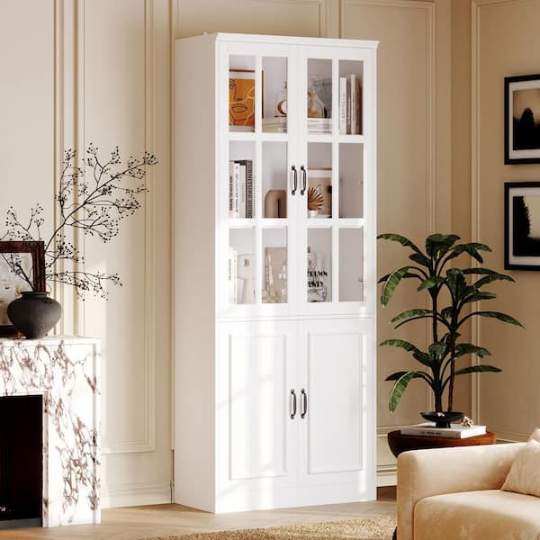 White Wooden MDF Accent Storage Cabinet, Sideboard, Food Pantry with 4 Tempered Glass Doors and 5 Shelves