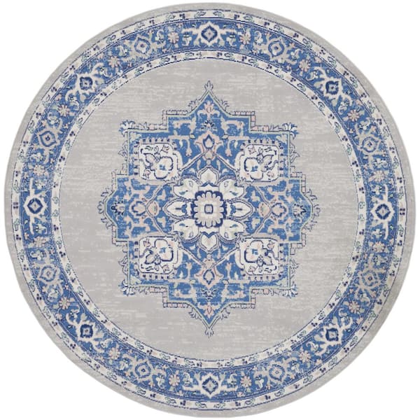 Whimsicle Grey Blue 8 ft. Center Medallion Traditional Round Area Rug