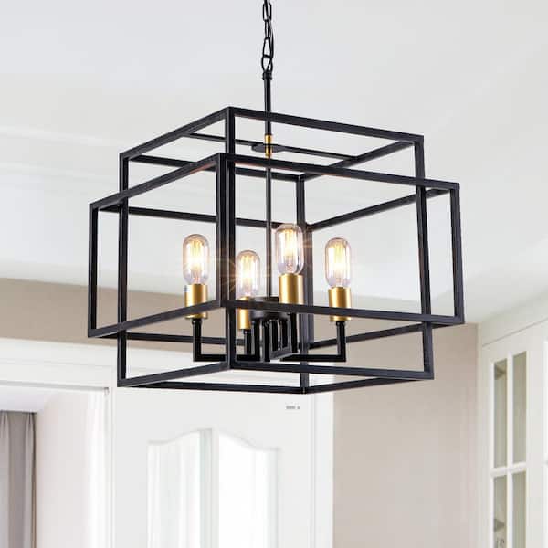 Maxax Hartford 4-Light 18 in. Black Farmhouse Lantern Dimmable Chandeliers Living Dining Foyer Bedroom Lighting